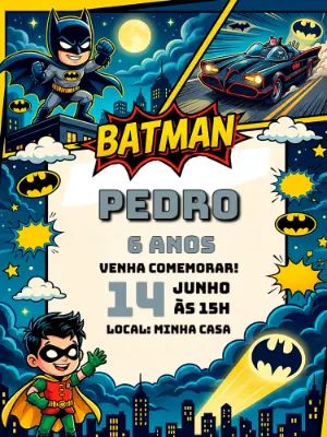 Convite de Aniversário Batman Quadrinhos Infantil Editável