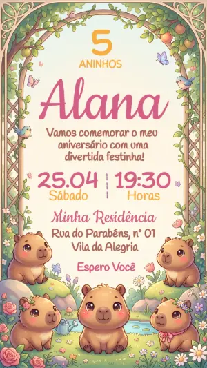 Convite de Aniversário Tema Capivara Fofa Modelo Editável