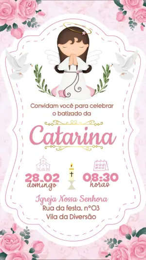 Convite de Batizado Menina Anjinha Rosa para Editar