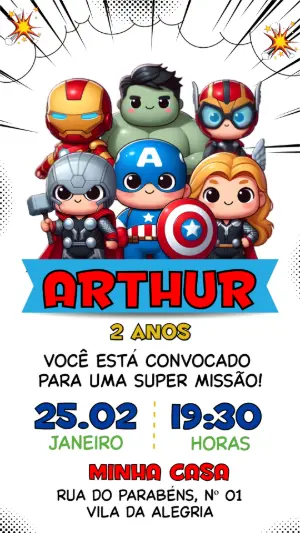 Convite Vingadores Baby Editável para Aniversário Infantil