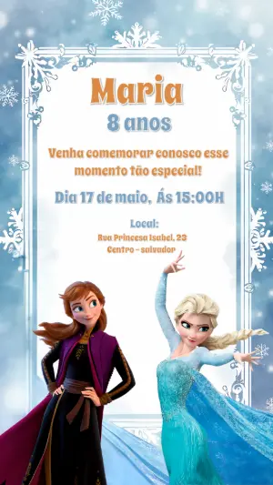 Convite de Aniversário Frozen com Anna e Elsa para Editar Online