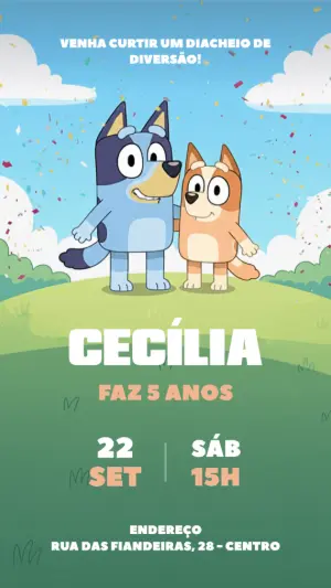 Convite de Aniversário Bluey e Bingo para Editar Online