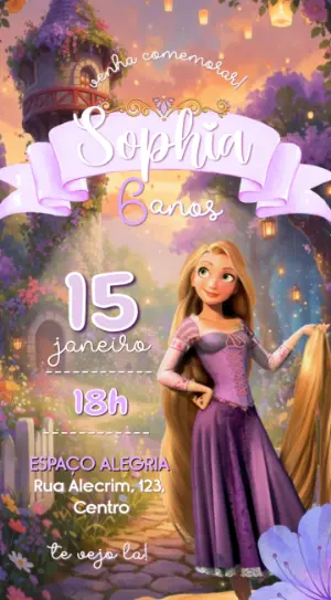 Convite Animado Aniversário Rapunzel para Editar
