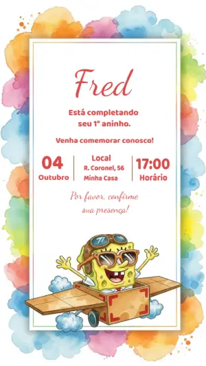 Convite Aniversário Bob Esponja Aquarela para Editar Online