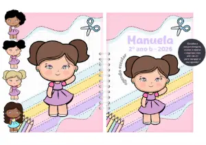 Capa de Agenda Escolar Menina com Personagens para Editar Online
