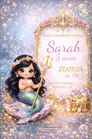 Convite Digital Editável Aniversário Infantil Tema Sereia Mágica