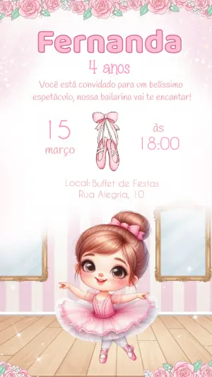Convite de Aniversário Bailarina Rosa Modelo Editável