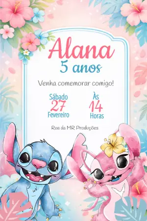 Convite de Aniversário Stitch e Angel Tropical para Editar