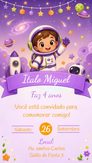 Convite de Aniversário Astronauta no Espaço Editável