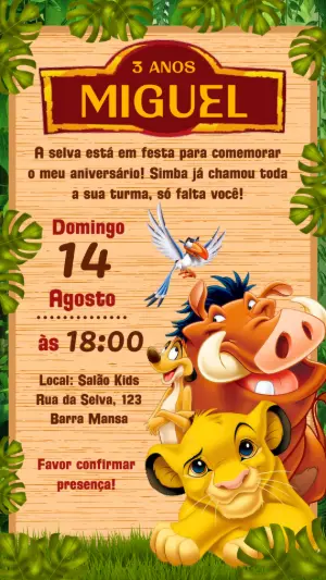 Convite de Aniversário Rei Leão com Personagens para Editar
