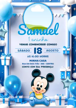 Convite de Aniversário Mickey Baby Azul com Foto Editável