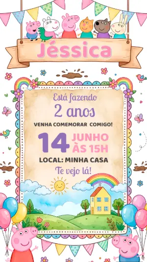 Convite de Aniversário Peppa Pig Colorido para Editar