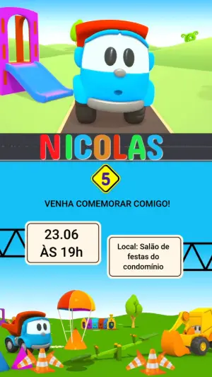 Convite Animado Aniversário Infantil Carrinhos Coloridos para Editar