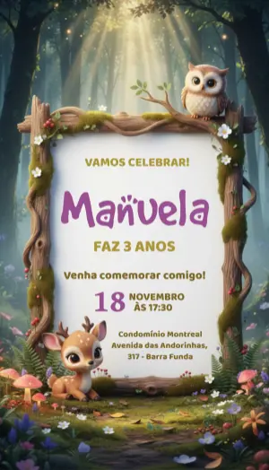 Convite de Aniversário Bosque Encantado Fofo para Editar