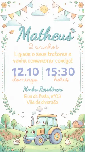 Convite de Aniversário Trator Fazendinha Fofo para Editar