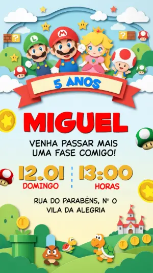 Convite Digital Aniversário Super Mario Editável