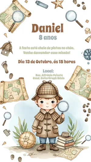 Convite Aniversário Tema Detetive para Editar Online