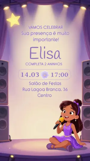Convite de Aniversário Infantil Cantora Pop Star Editável