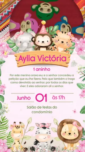 Convite Animado Aniversário Safari Rosa Menina para Editar