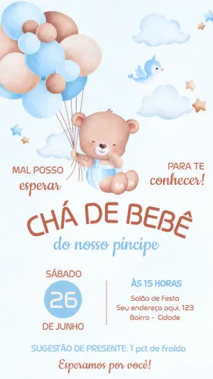 Convite Chá de Bebê Menino Ursinho Baloeiro para Editar