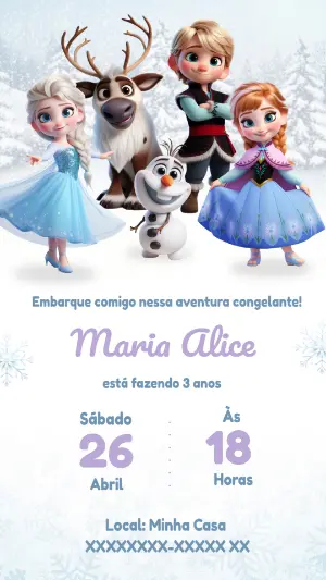 Convite de Aniversário Frozen com Personagens para Editar Online