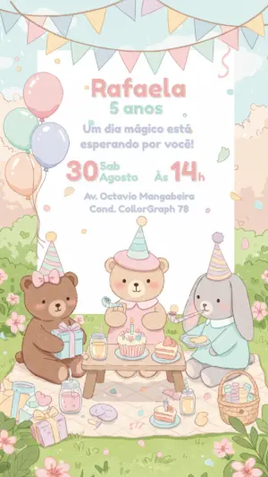 Convite de Aniversário Ursinhos Fofos para Editar Online