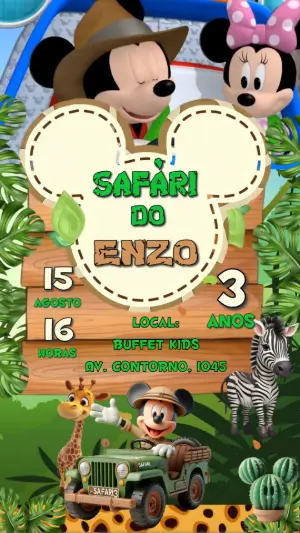Convite Animado Aniversário Safari do Mickey para Editar Online