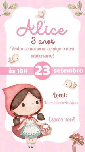 Convite de Aniversário Chapeuzinho Vermelho Aquarela Editável