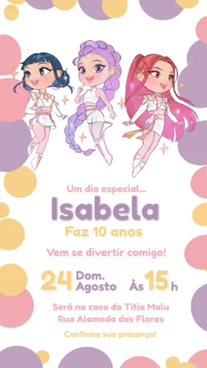 Convite de Aniversário Guerreiras do K-pop Chibi em Tons Pastéis para Editar