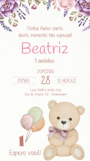 Convite Aniversário Ursinho com Flores para Editar Online