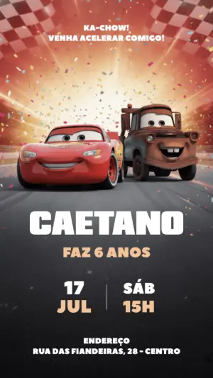 Convite de Aniversário Carros Acelerando na Pista para Editar