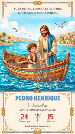 Convite Aniversário Infantil Religioso Jesus Pescador Editável
