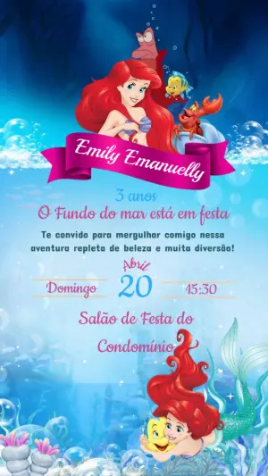 Convite de Aniversário Pequena Sereia Fundo do Mar Editável