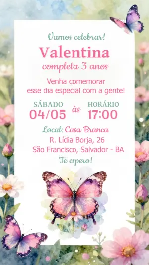Convite Digital Aniversário Borboletas e Flores para Editar