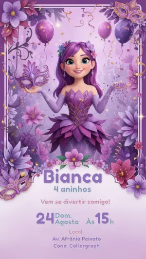 Convite Aniversário Fada das Flores Roxo e Lilás Editável