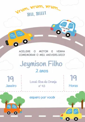 Convite de Aniversário Infantil Tema Carros Colorido para Editar
