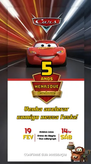 Convite de Aniversário Carros Relâmpago McQueen Editável
