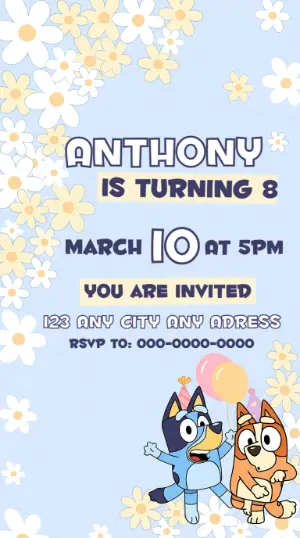 Editable Bluey Birthday Invitation with Flowers