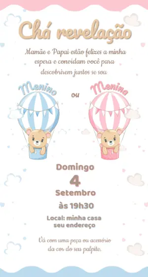 Convite Chá Revelação Ursinhos Baloeiros Editável
