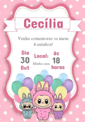Convite de Aniversário Labubu com Monstrinhos para Editar