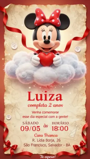 Convite de Aniversário Minnie Mouse Fofo para Editar