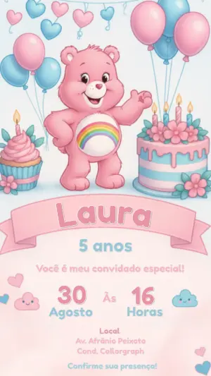 Convite de Aniversário Ursinhos Carinhosos Rosa e Azul Editável
