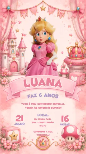 Convite Aniversário Princesa Peach Rosa para Editar Online