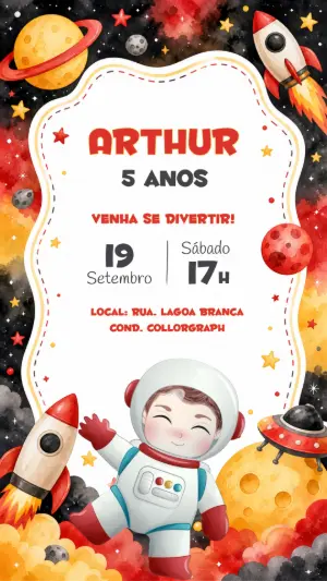 Convite Digital Aniversário Astronauta Infantil Editável