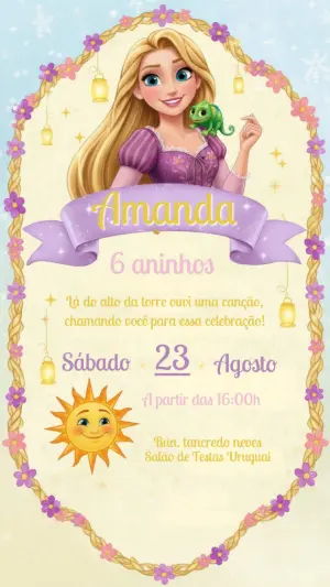 Convite de Aniversário Rapunzel Enrolados Editável Digital