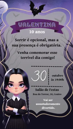 Convite de Aniversário Wandinha Addams para Editar