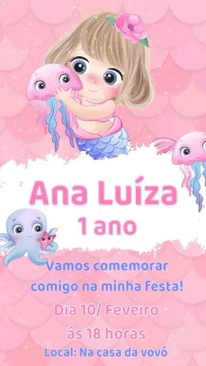 Convite de Aniversário Sereia Fofa | Modelo Digital Editável
