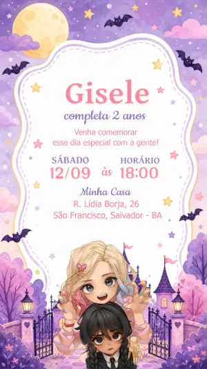 Convite Aniversário Wandinha e Enid Editável para Festa Infantil