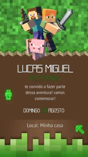 Convite de Aniversário Minecraft com Personagens para Editar