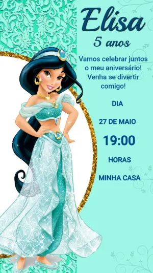Convite de Aniversário Princesa Jasmine Turquesa para Editar